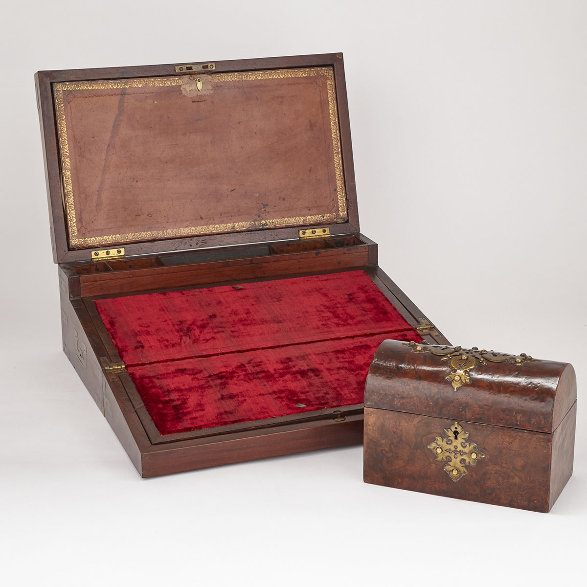 Victorian Brass Bound Mahogany Campaign Style Writing Slope Together with a Burl Walnut Domed Stationary Box, 19th century