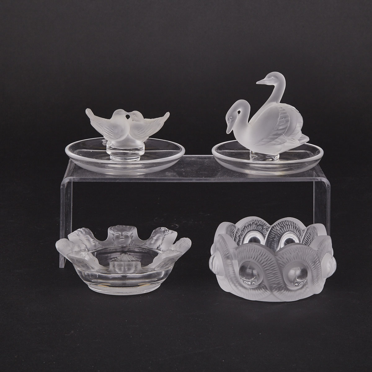 Two Lalique Ring Trays and Two Ashtrays, 20th century