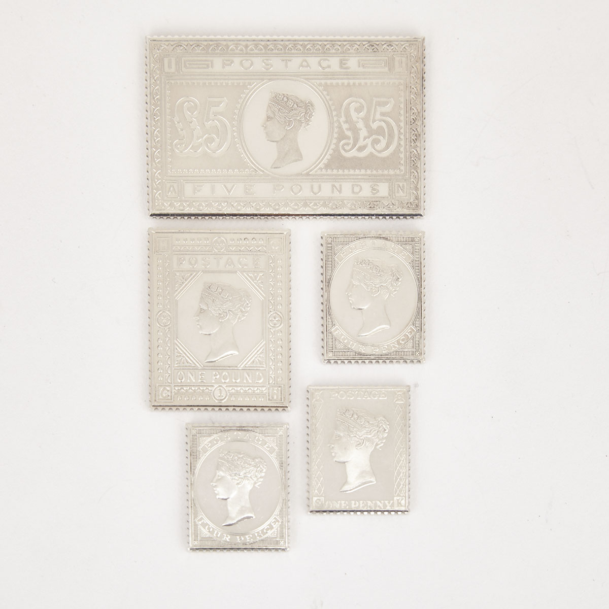 Five English Silver Replicas of Postage Stamps, London, 1977
