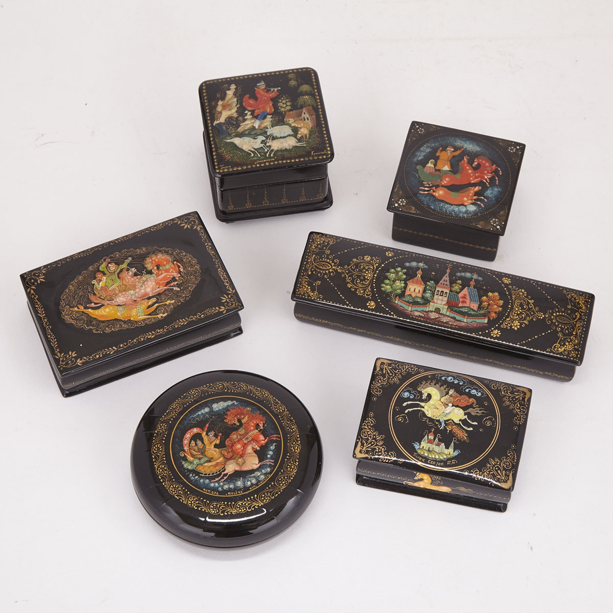 Collection of Six Soviet Russian Lacquer Boxes, Palekh, 20th century