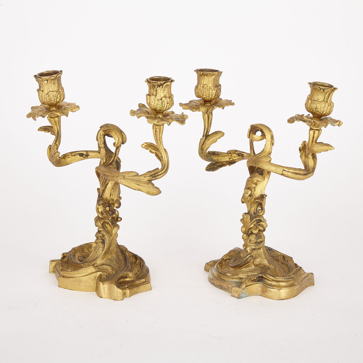 Pair French Rococo Style Gilt Bronze Two Light Candelabra, 19th century