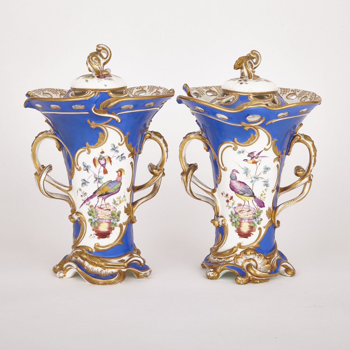 Pair of English Porcelain Two-Handled Potpourri Vases and Covers, mid-19th century