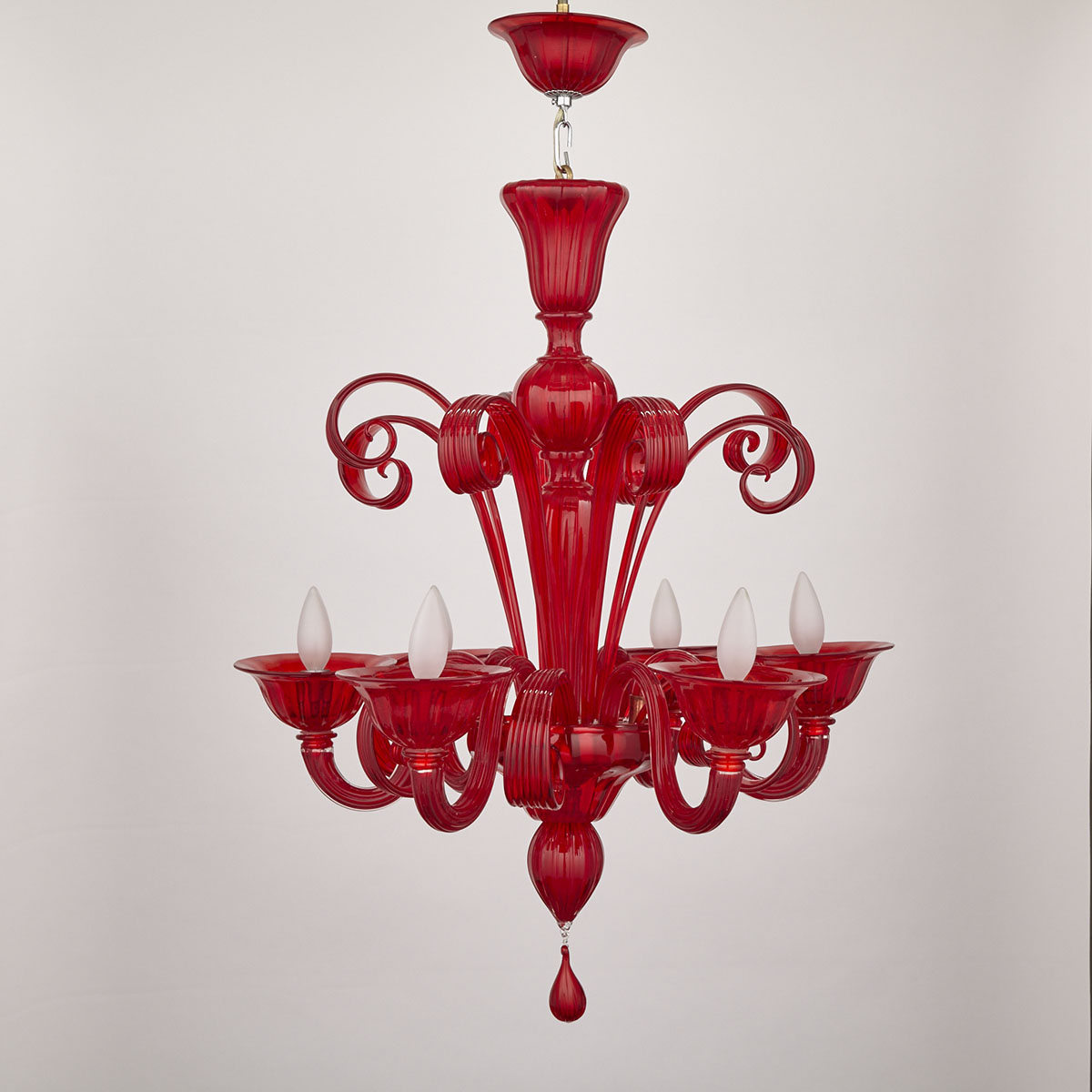 Venetian Murano Red Glass Six Light Chandelier, 21st century
