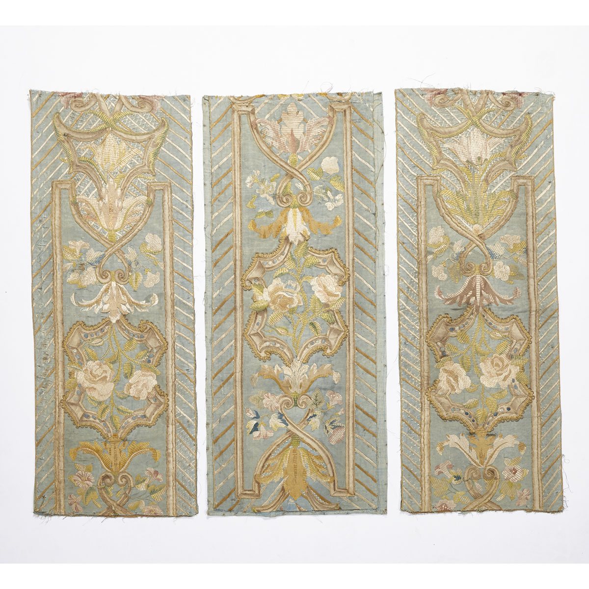 Three French Embroidered and Appliqué Silk Panels, late 18th/early 19th century