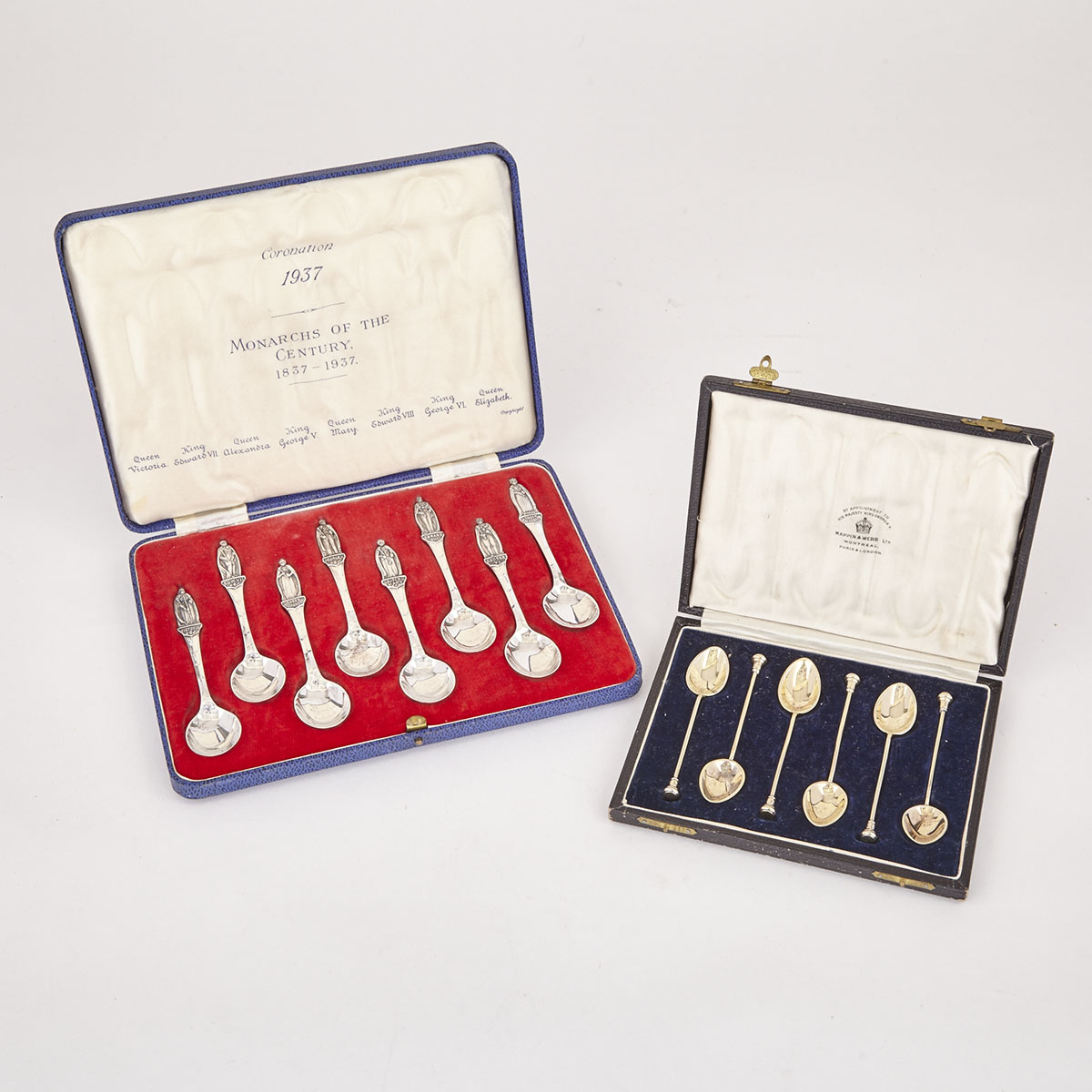 Eight English Silver ‘Monarchs of the Century’ Tea Spoons, Cooper Bros. & sons, Sheffield, 1936 and Six Silver-Gilt and Enamel Seal-Top Coffee Spoons, Barker Bros., Birmingham, 1939