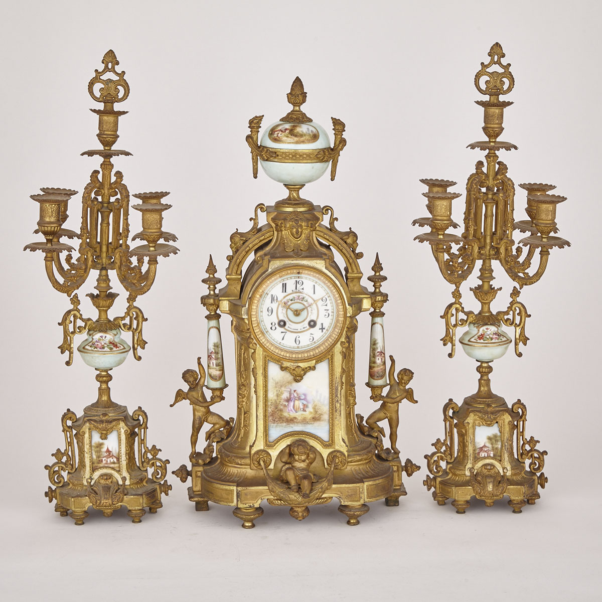 French Napoleon III Porcelain Mounted Three Piece Gilt Metal  French Clock Garniture, 19th century