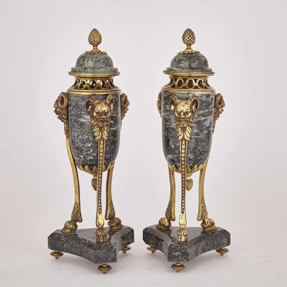 Pair of Louix XVI Style Ormolu Mounted Verde Antico Marble Cassolettes, late19th/early 20th century