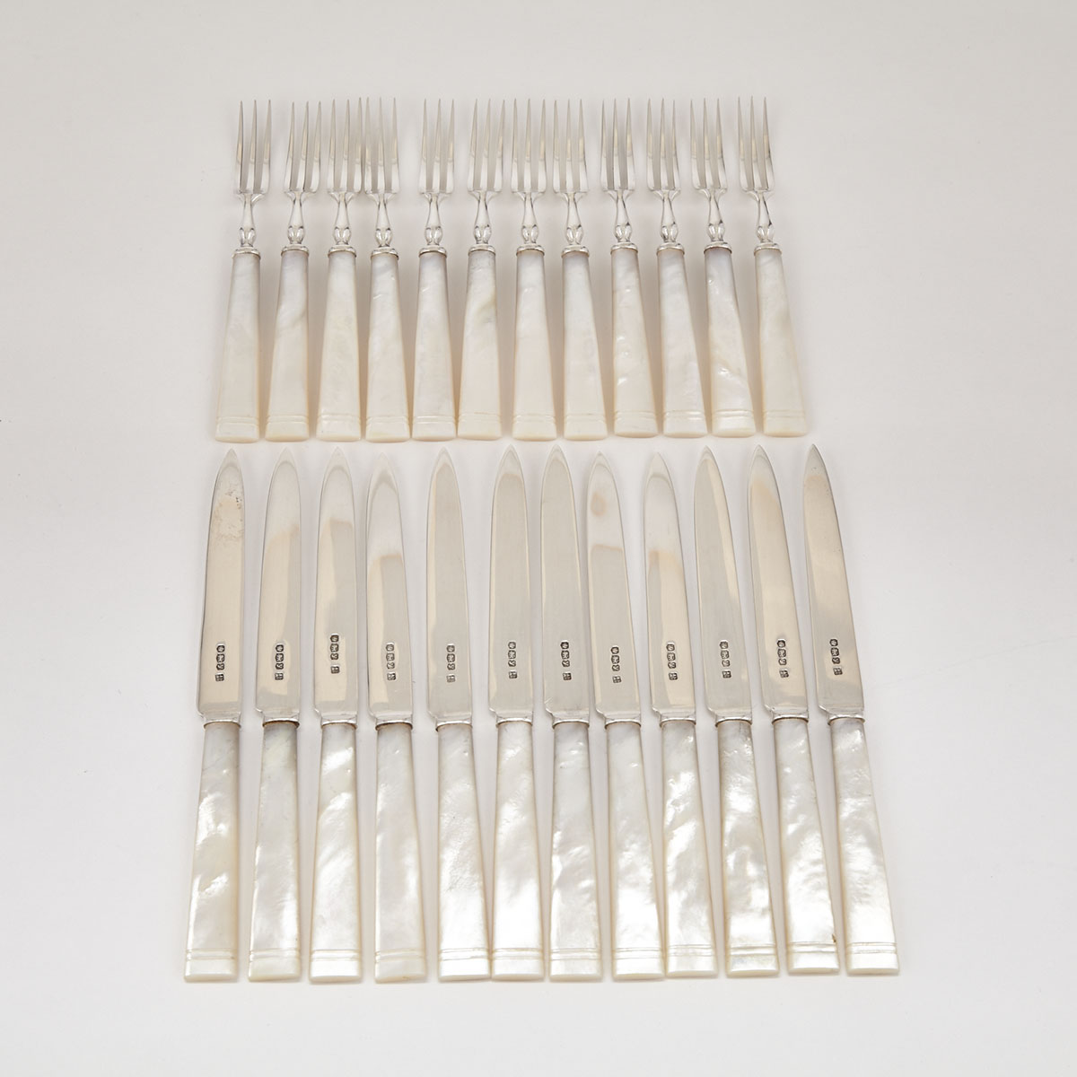Twelve English Silver and Mother-of Pearl Fruit Knives and Forks, John Sanderson & Son, Sheffield, 1941