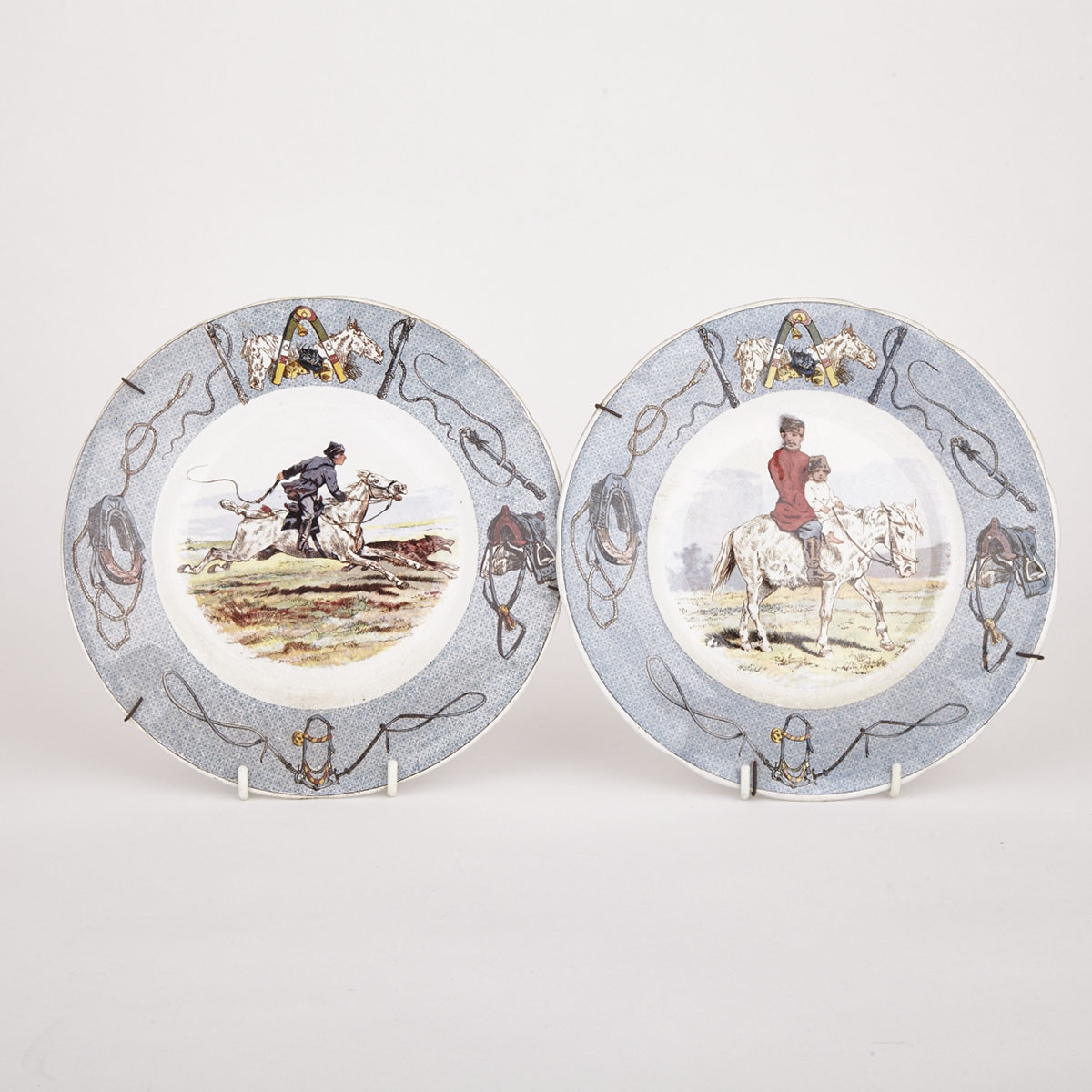Pair of Sarreguemines Russian Horseman Plates, late 19th century