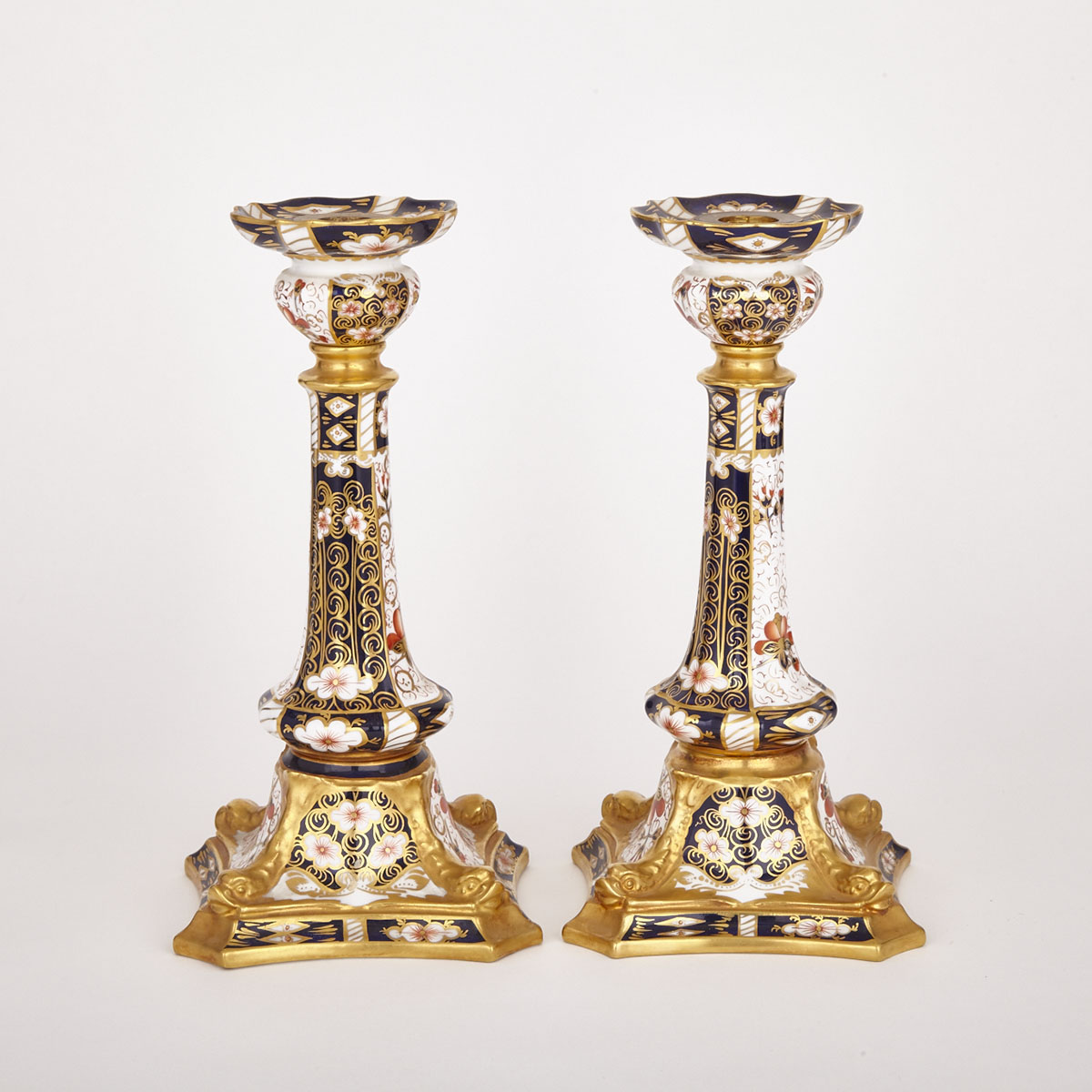 Pair of Royal Crown Derby ‘Imari’ (2451) Pattern Candlesticks, 1967/70 