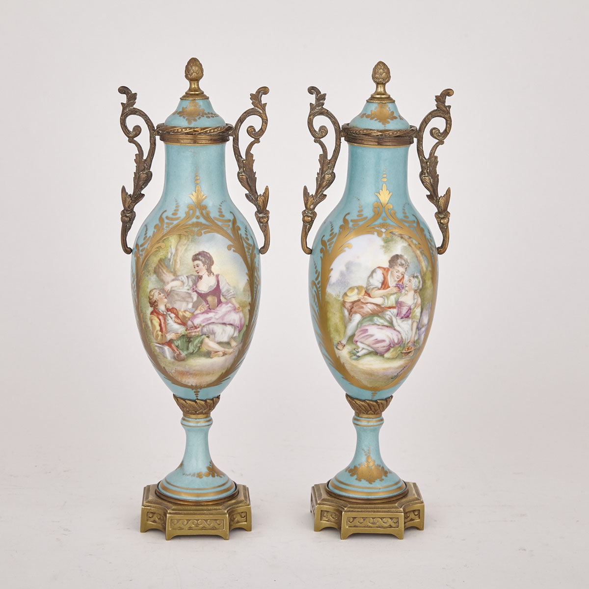 Pair of Ormolu Mounted ‘Sèvres’ Mantle Urns, mid-20th century