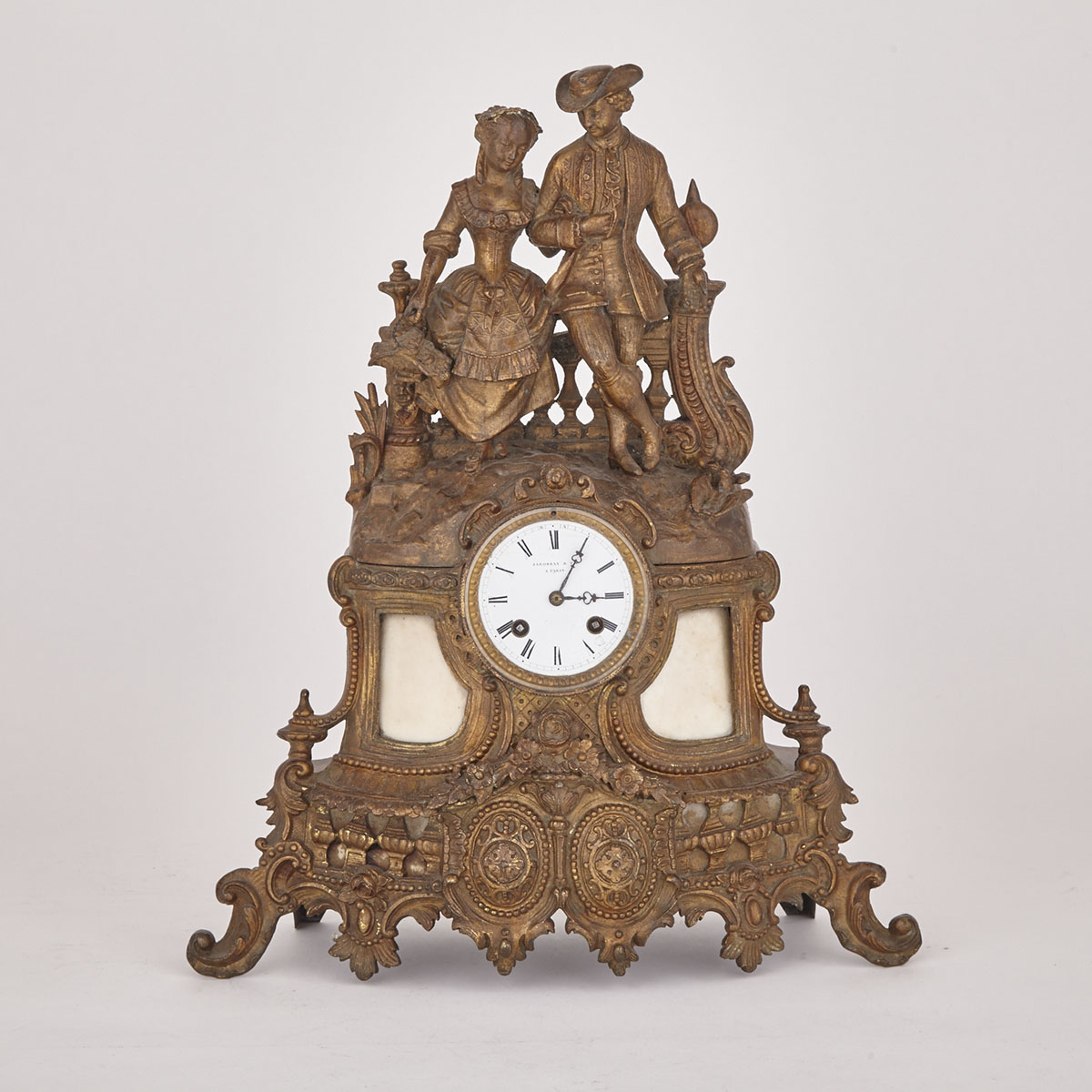 French Marble Mounted Gilt Metal Figural Mantel Clock, 19th century