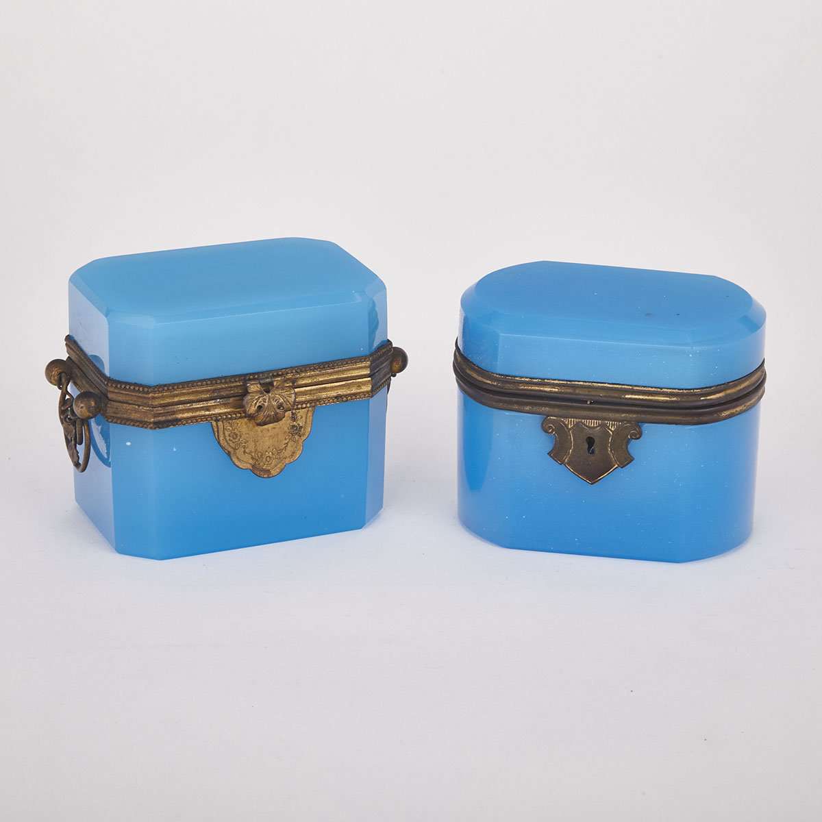 Two French Gilt-Brass Mounted Opaque Blue Glass Caskets