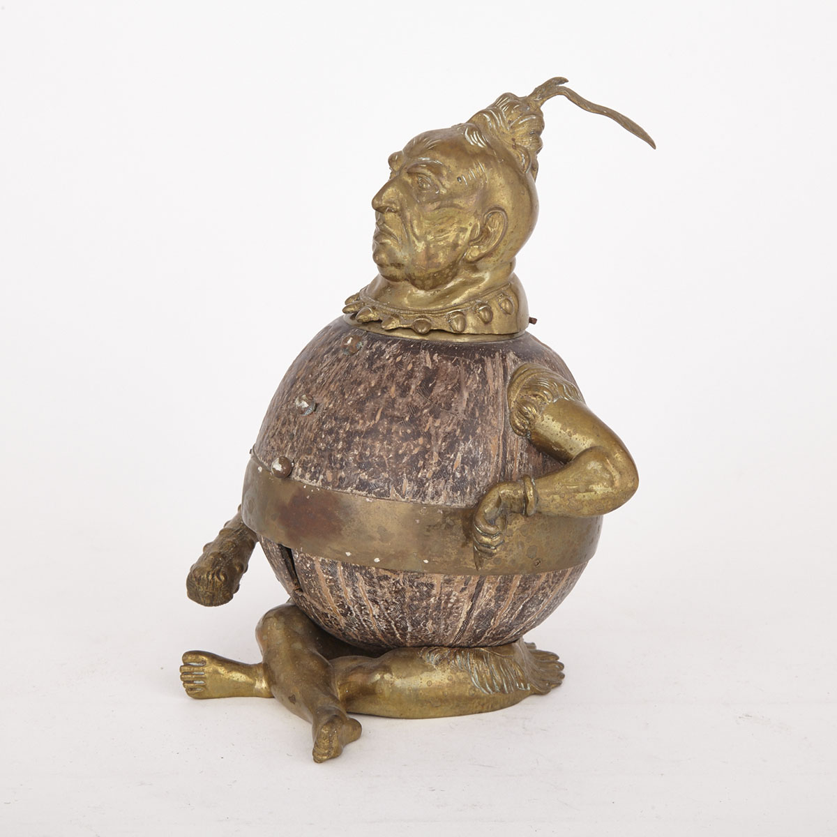 Brass Mounted Coconut Figural Inkwell with Call Bell, early 20th century