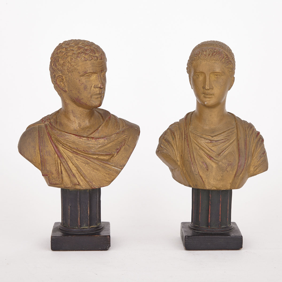 Pair of Bronzed and Ebonized Composite Classical Busts, 1st half, 20th century