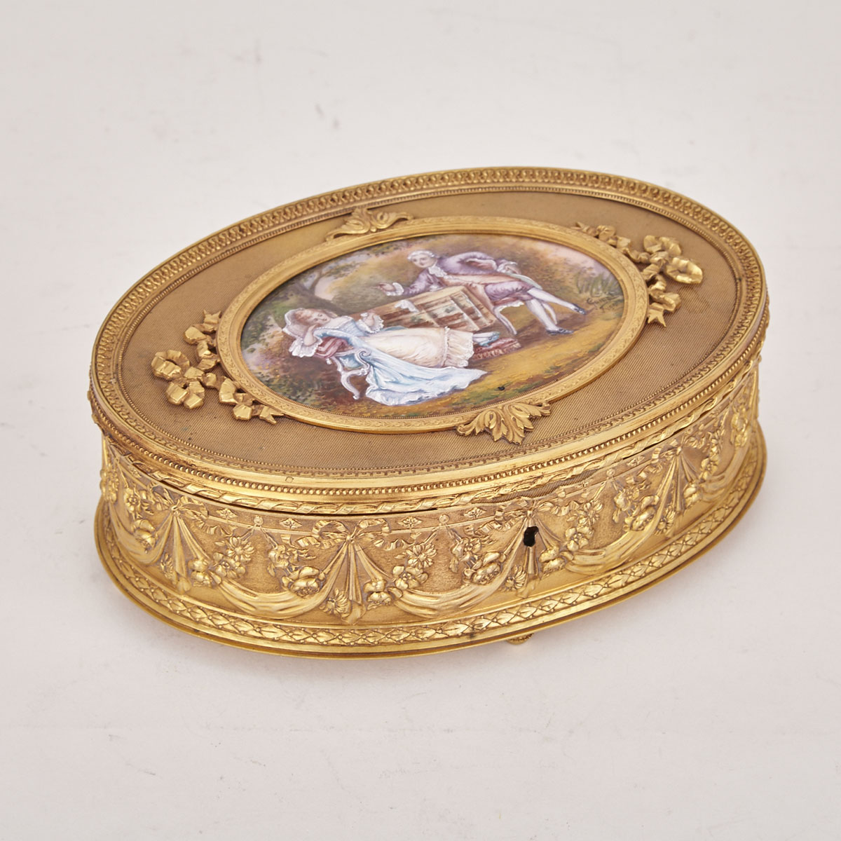 French Limoges Enamel Mounted  Oval Gilt Bronze Jewellery Casket, early 20th century