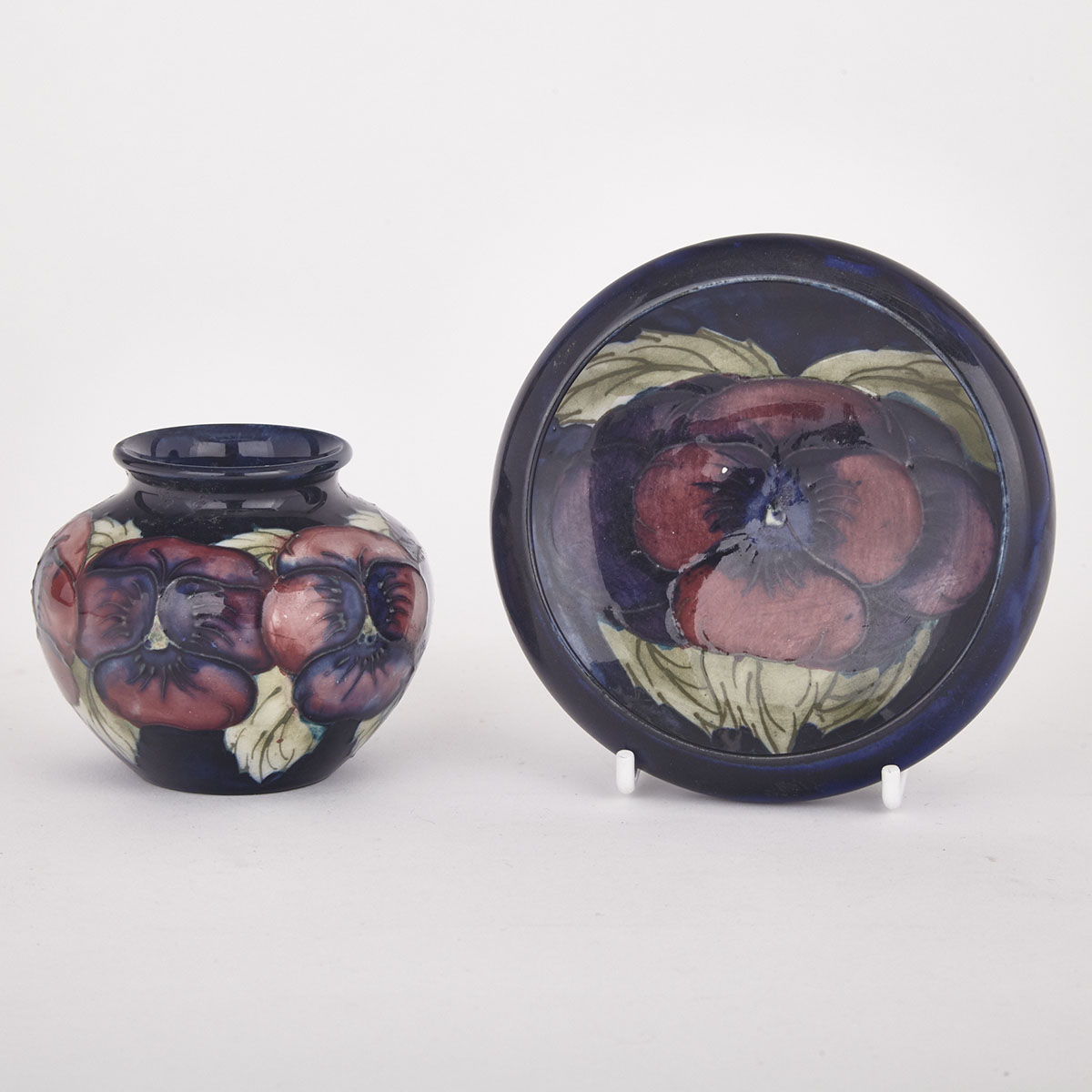 Moorcroft Pansy Small Vase and Shallow Bowl, c.1920-25