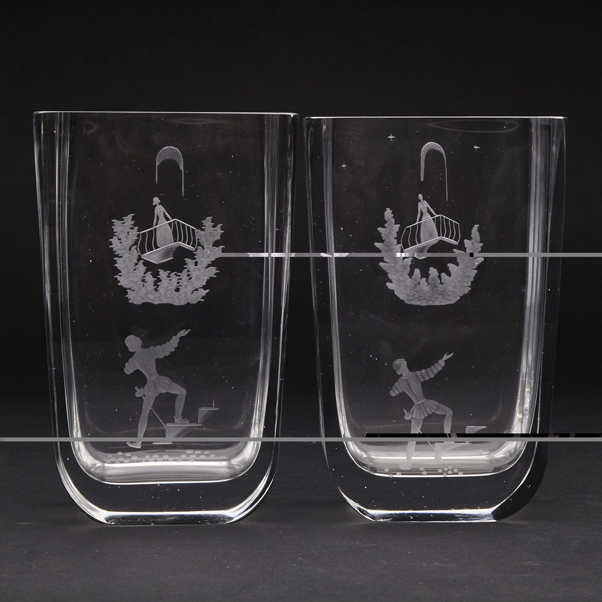 Pair of Orrefors Romeo and Juliet Engraved Glass Vases c.1969