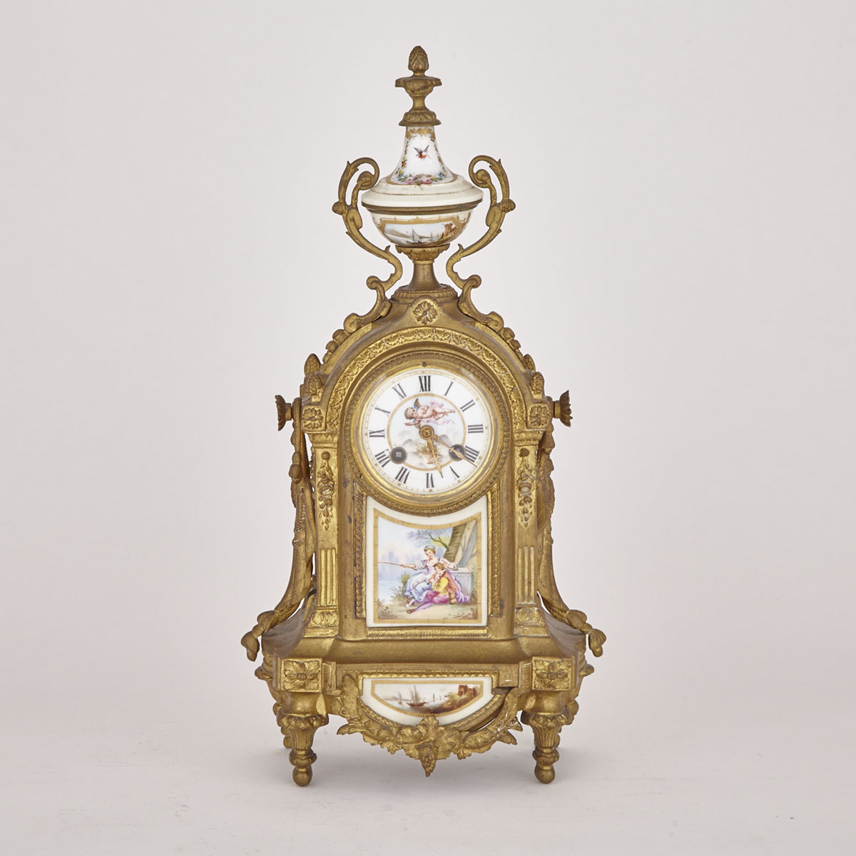 French Louis XVI Style Sevres Porcelain Mounted Gilt Bronze Mantel Clock, 19th century