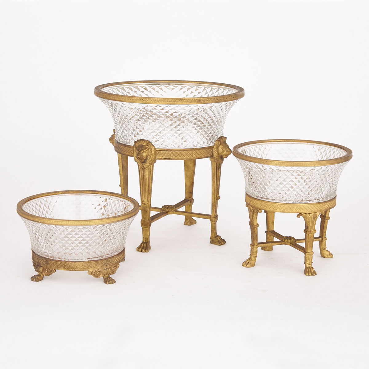 Graduated Set of Three Austrian Neoclassical Ormolu Mounted Cut Glass Bowls on Stands, early-mid 20th century