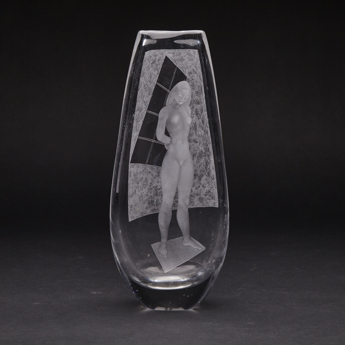 Kosta Female Nude at Window Engraved Glass Vase, Vicke Lindstrand 20th century