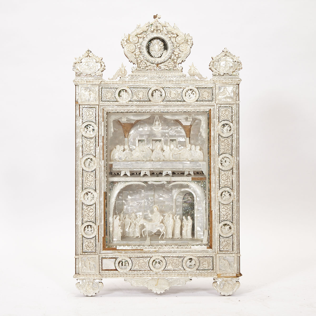 Large Mother of Pearl and Abalone Mounted Diorama Icon, Jerusalem, 19th early 20th century