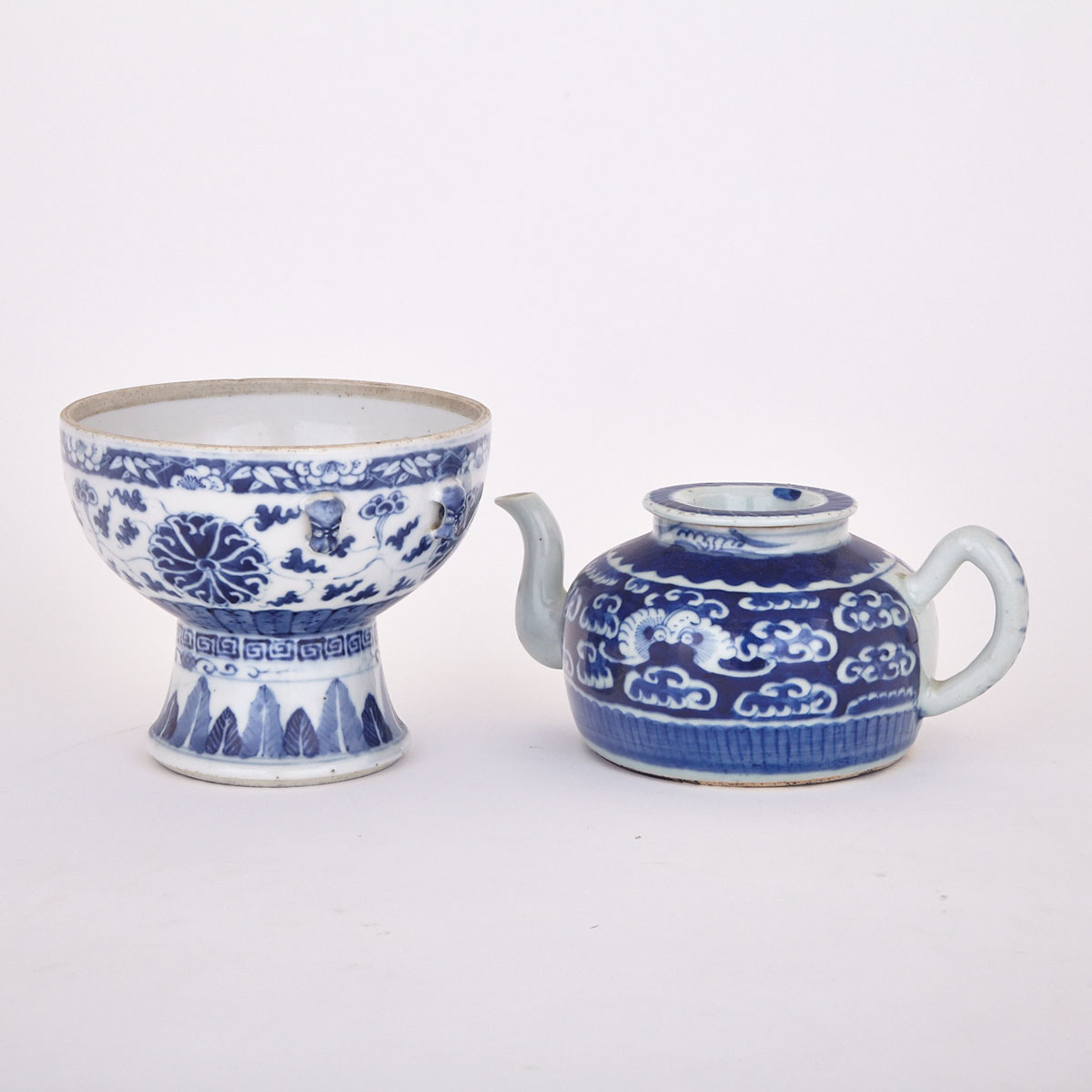 Blue and White Stembowl and Teapot, 19th Century or earlier