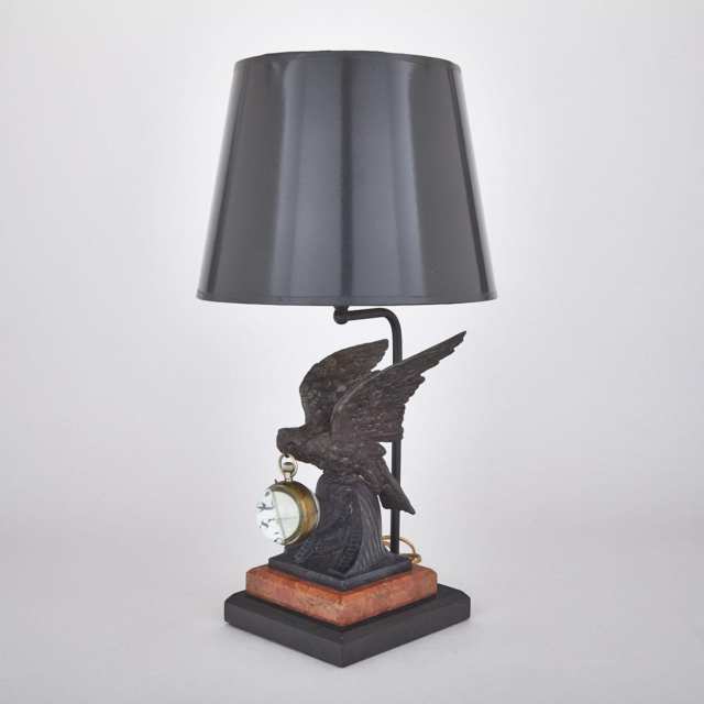 Egyptian Revival Patinated White Metal Eagle Form Watch Stand with Swiss Ball Watch, 19th century
