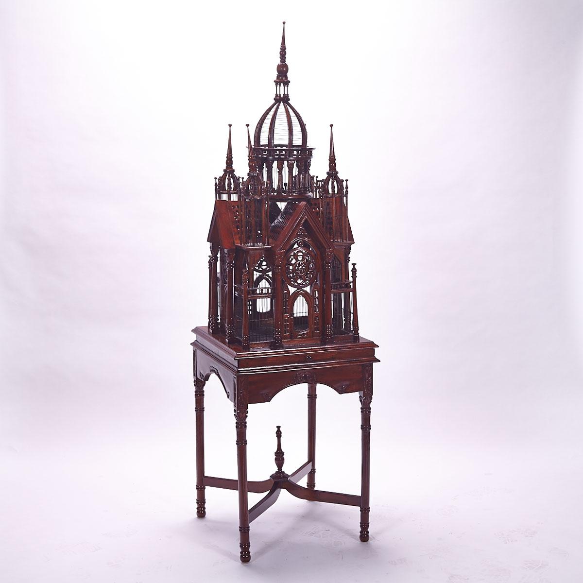 Victorian Style Mahogany and Wire Bird Cage on Stand, Late 20th century