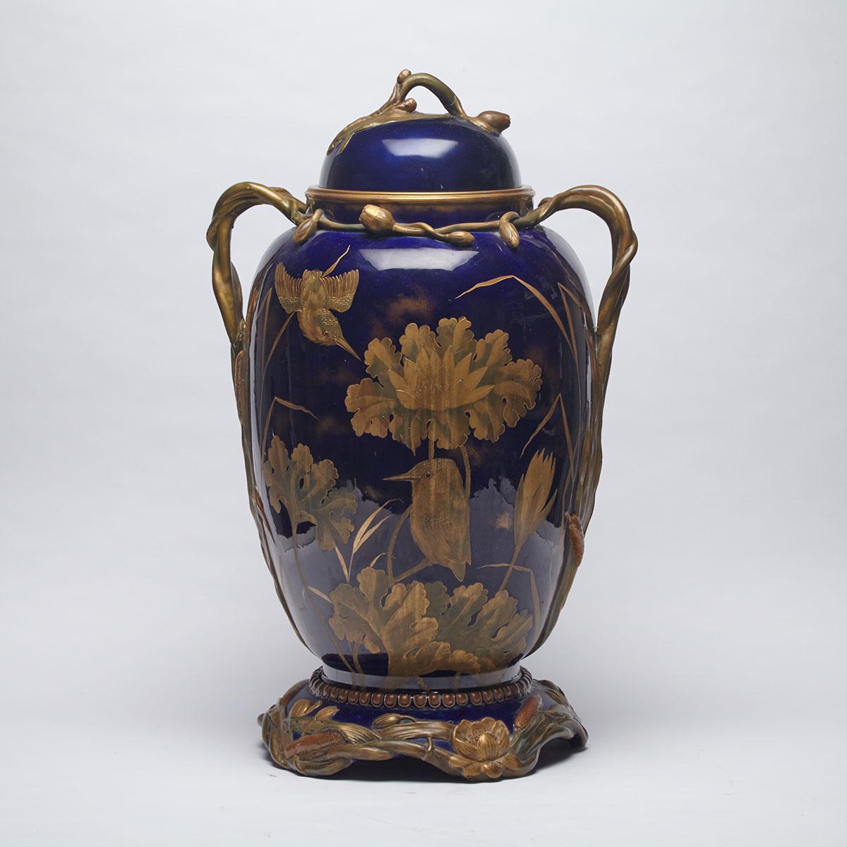 George Jones Large Two-Handled Vase with Cover and Stand, late 19th century