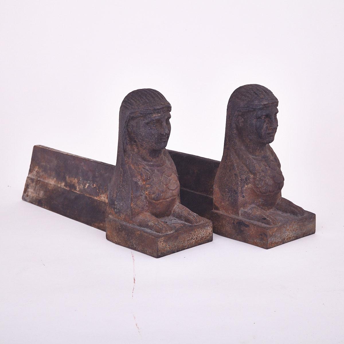 Pair of Victorian Cast Iron Sphinx Form Fire Dogs or andirons, 19th century