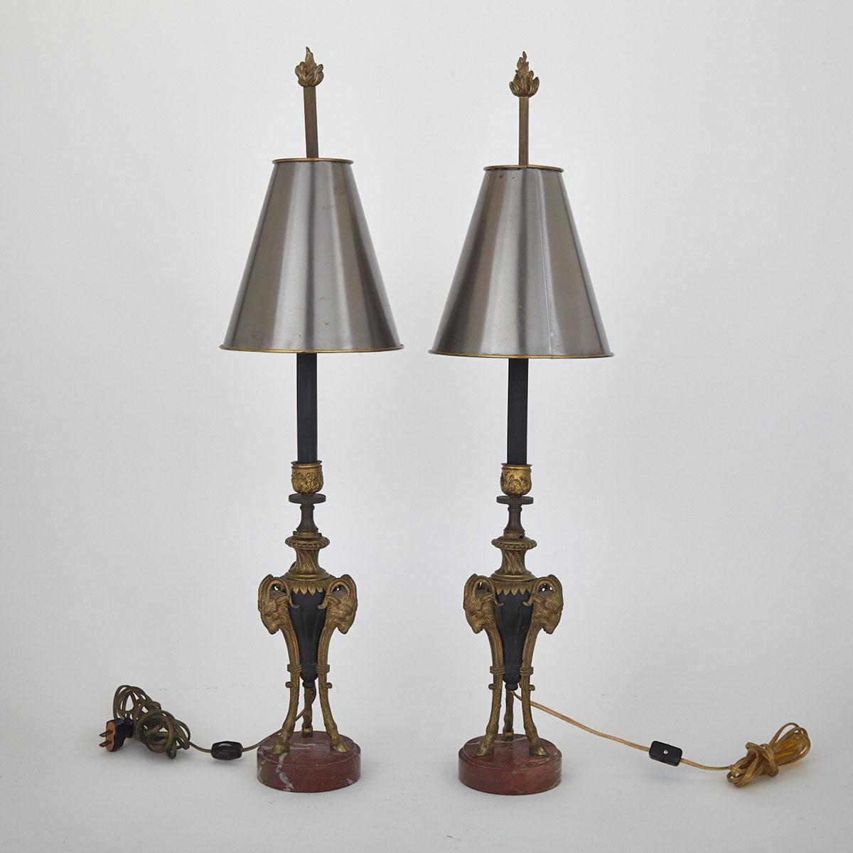 Pair of Louis XVI Style Gilt and Patinated Bronze Cassolette Form Table Lamps