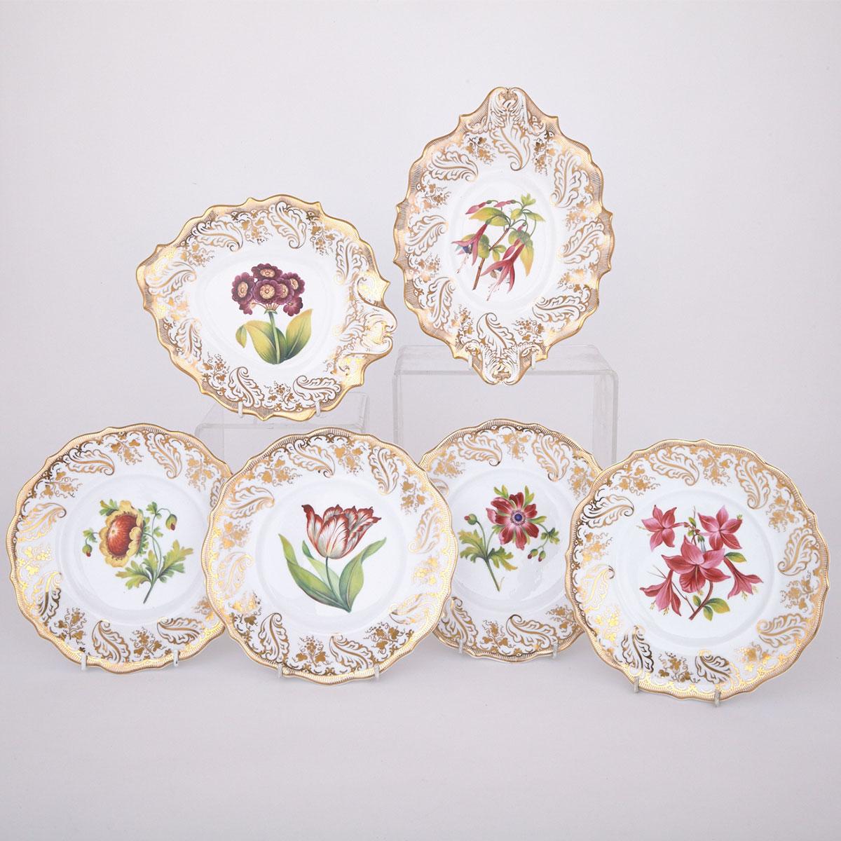 Four English Porcelain Botanical Dessert Plates and Two Serving Dishes, mid-19th century