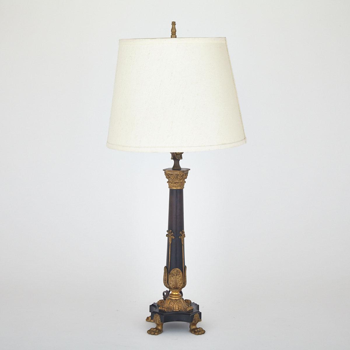 Austrian Empire Style Gilt and Patinated Bronze Column Form Table Lamp, early 20th century