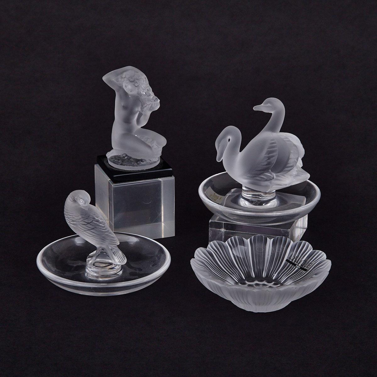 Group of Four Lalique Glass Articles, post-1945