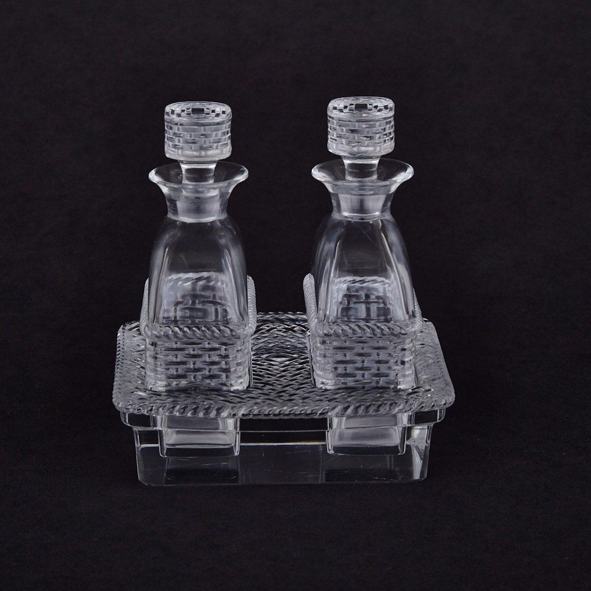 ‘Bangkok’, Pair of Lalique Glass Perfume Bottles and Stand, post-1945