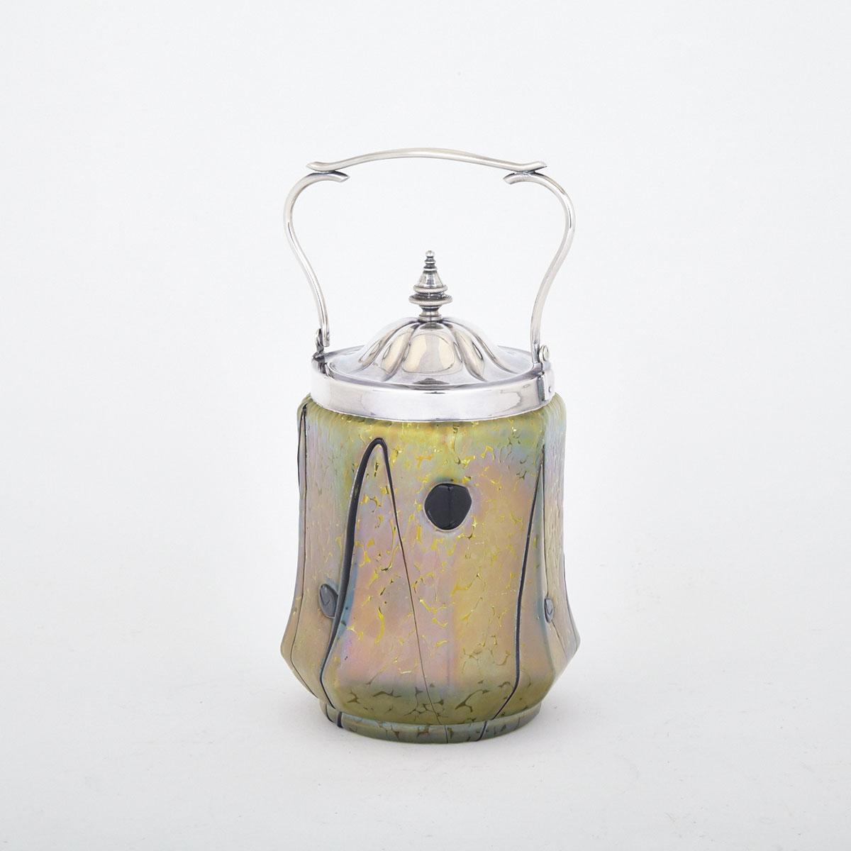 Austrian Silver Plate Mounted Iridescent Glass Biscuit Jar, early 20th century
