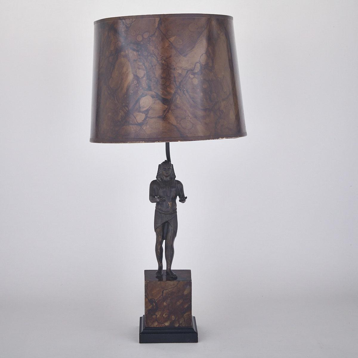 Egyptian Revival Patinated Bronze Figural Table Lamp, 19th and mid 20th century