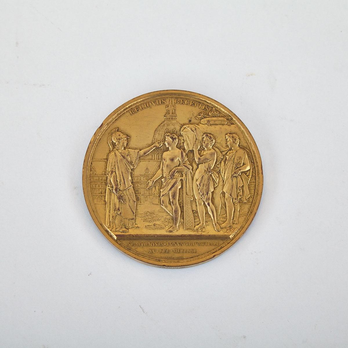 French Gilt Copper Medal Commemorating the 1840 Paris Funeral of Napoleon I at Invalides, 1846