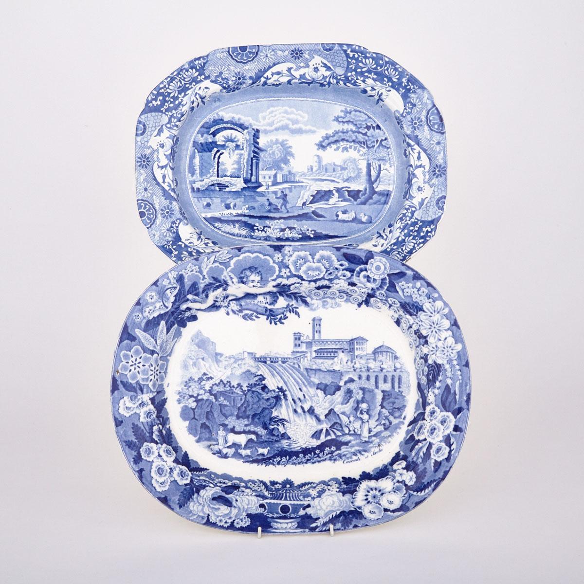 Two English Blue-Printed Oval Platters, 19th century