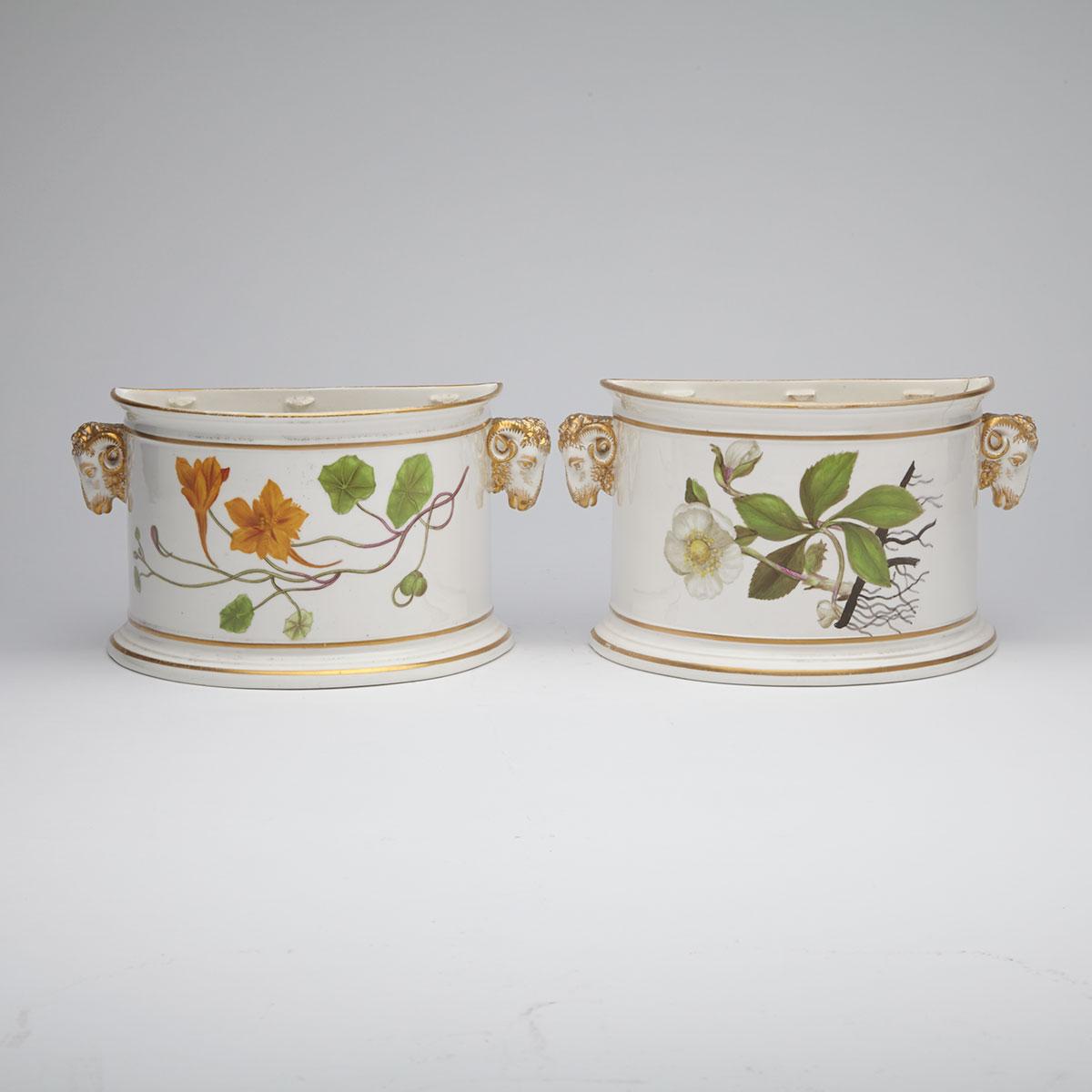 Pair of Derby Demi-Lune Botanical Bough Pots, c.1800