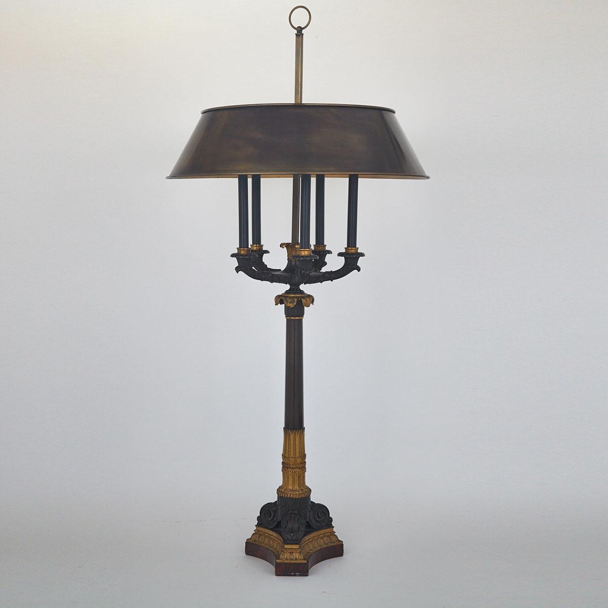 French Empire Gilt and Patinated Bronze Candelbrum Now Mounted as Desk Lamp, early-mid 19th century