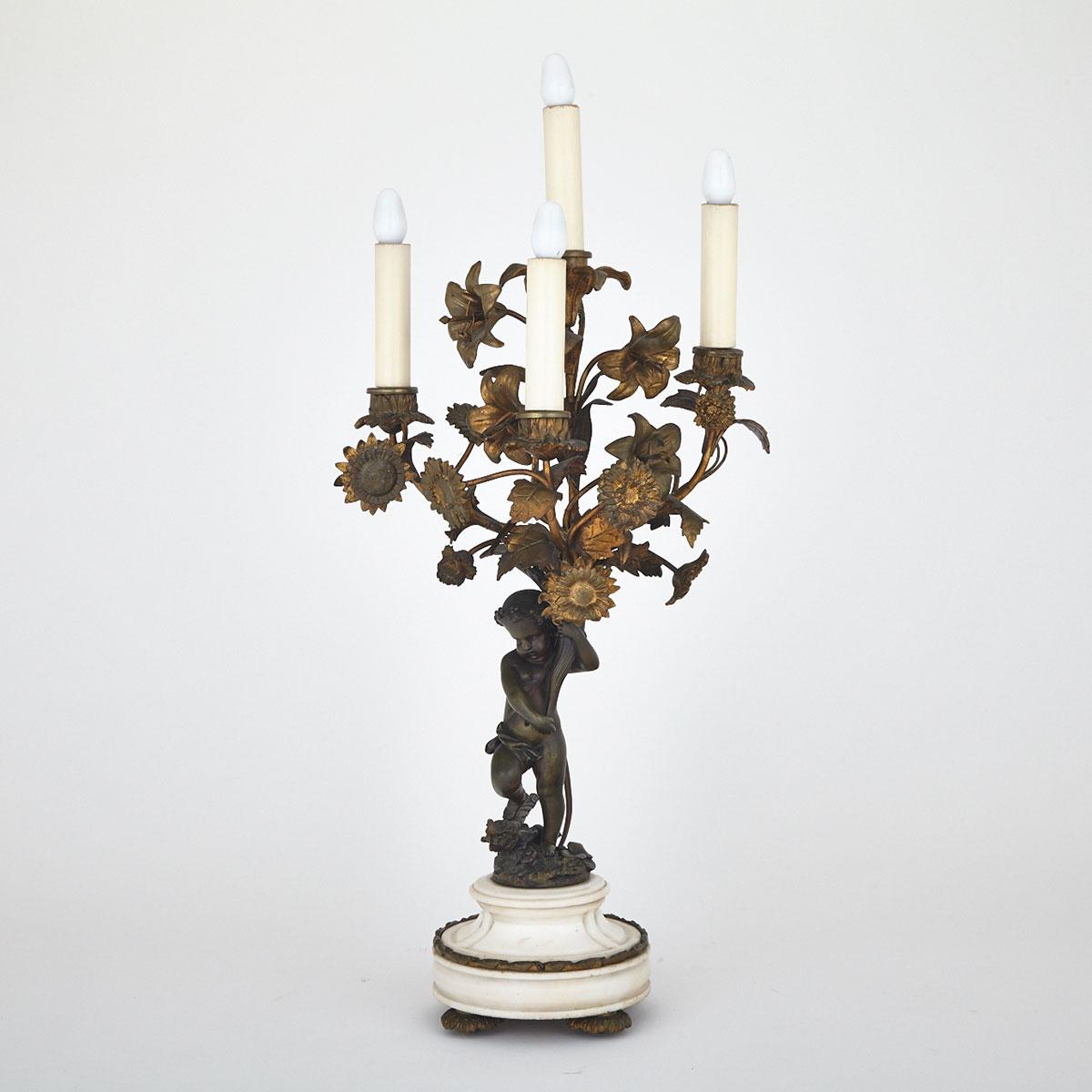 French Belle Epoque Gilt Bronze and Marble Figural Candelabrum, late 19th century