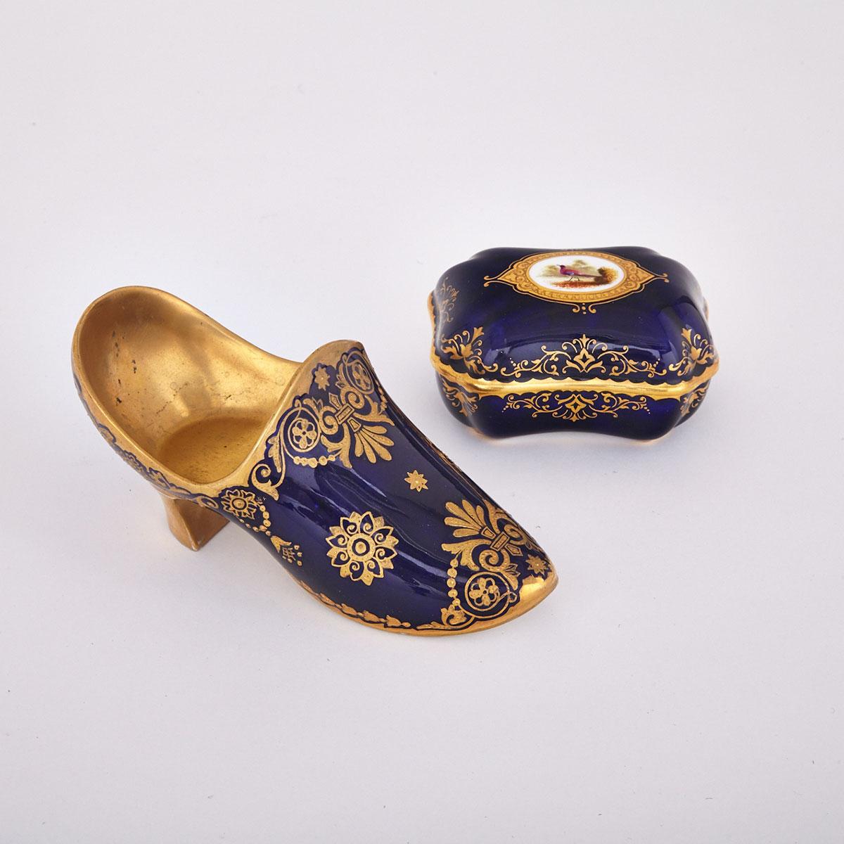 Coalport Blue Ground Shoe and a Covered Box, c.1890-1900