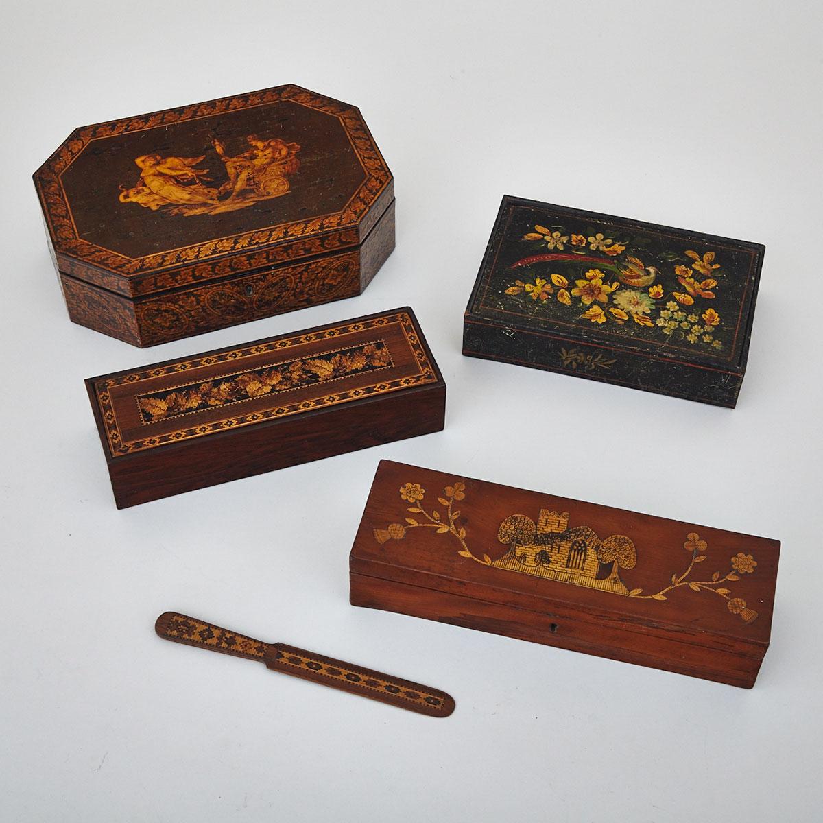 Four Victorian Boxes and a Letter Knife, 19th century