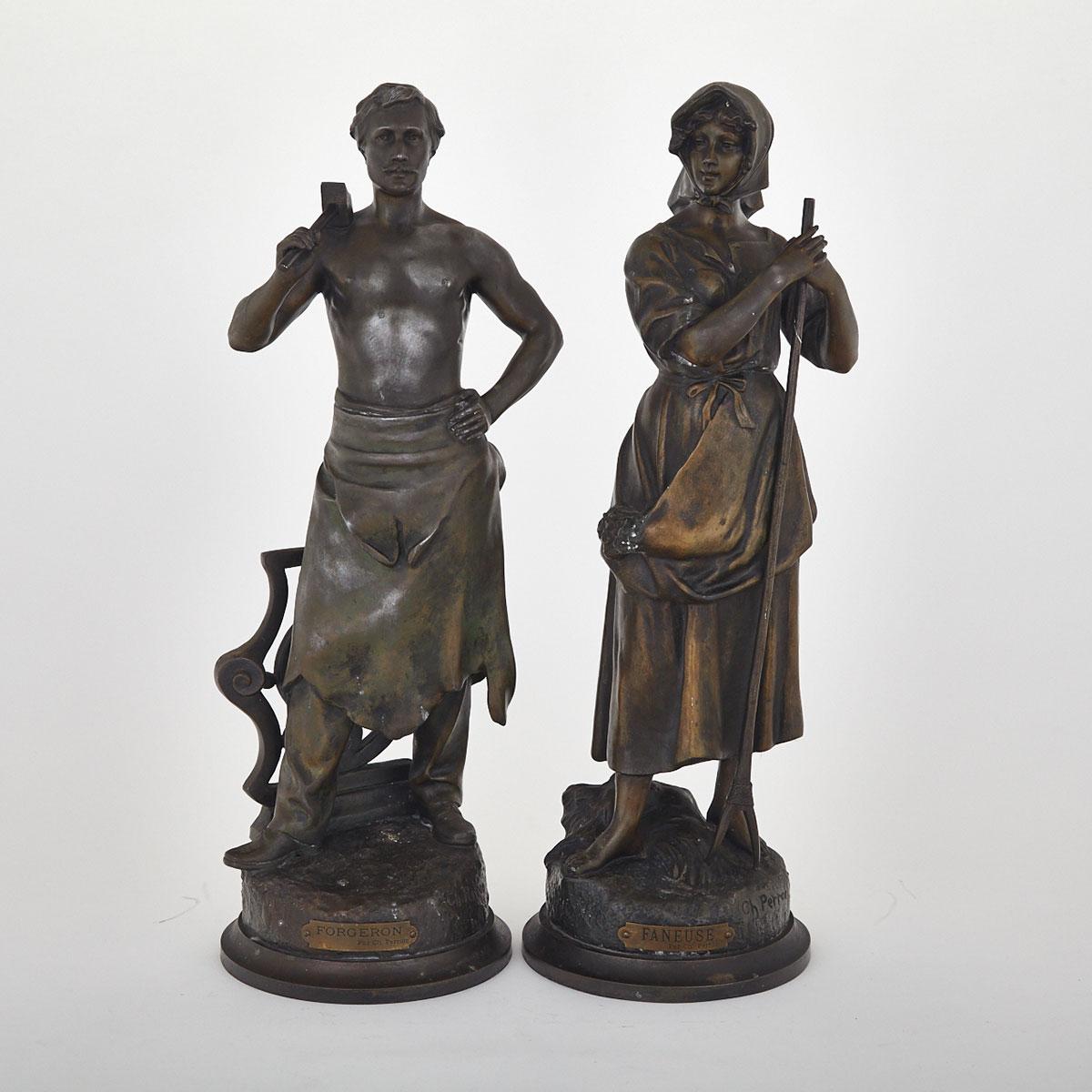 Charles Théodore Perron (1862 - 1934), Pair of Patinated Metal Figures of ‘Faneuse’ and ‘Forgeron’, 19th century
