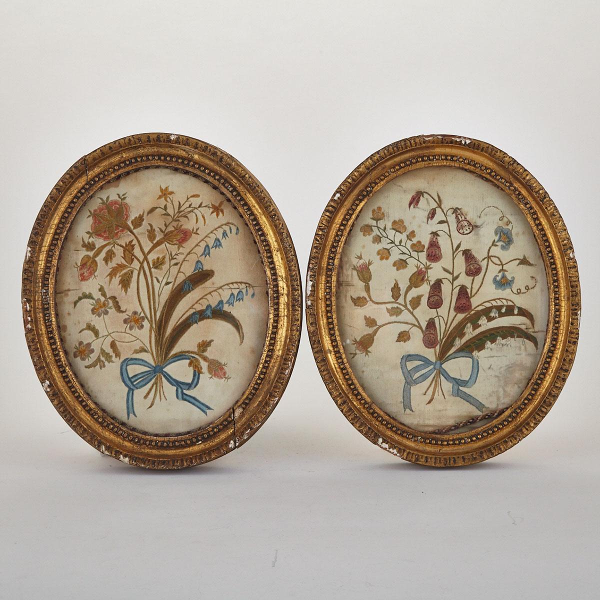 Pair of Silk Needlework Ovals, early 19th century