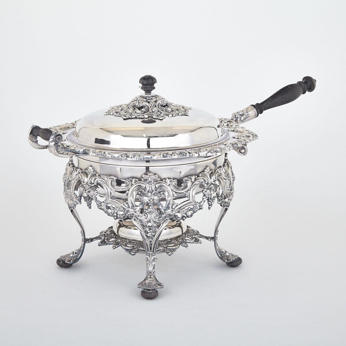American Silver Plated Chafing Dish on Warming Stand, Elizur B. Webster & Son, Brooklyn, NY, 20th century