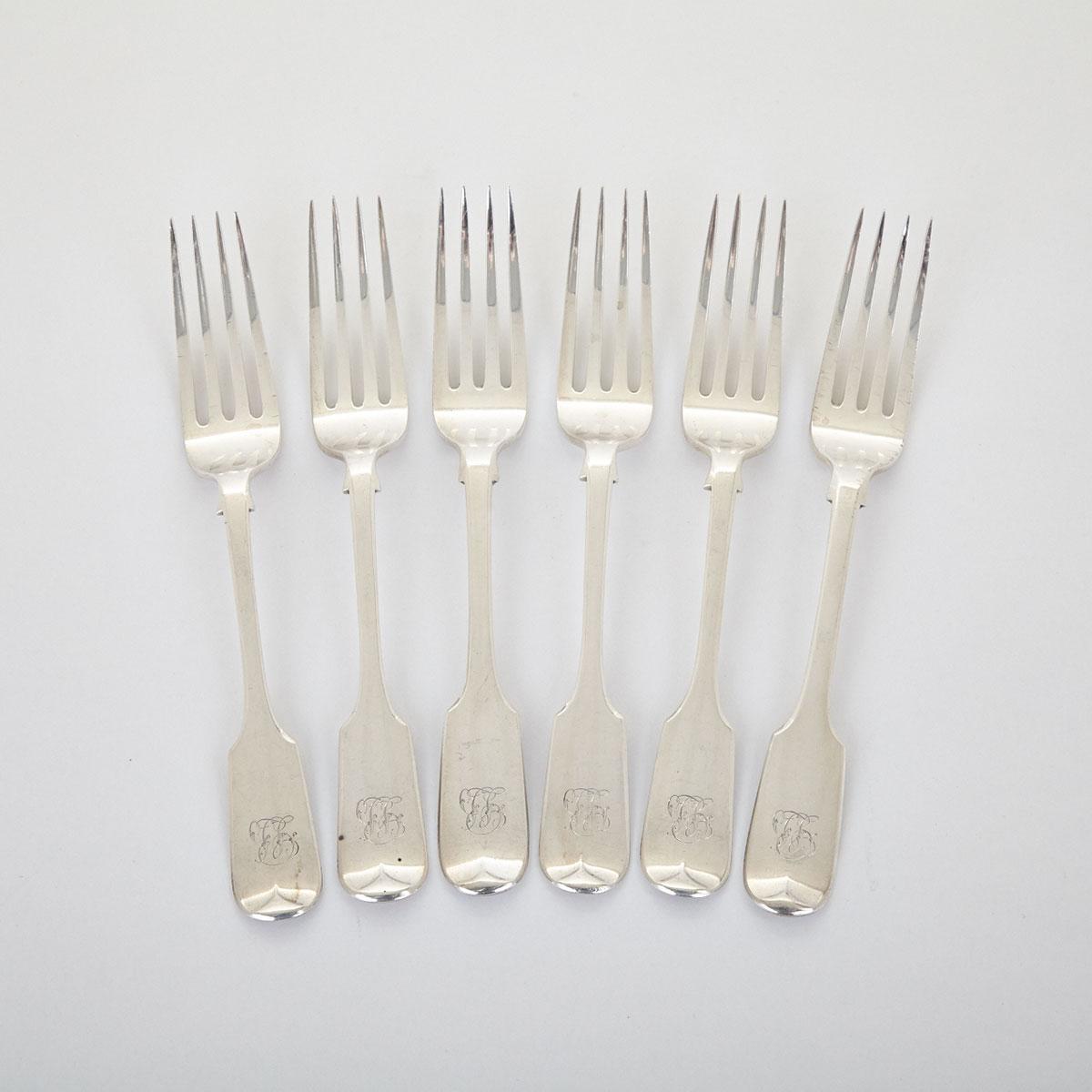 Six Victorian Silver Fiddle Pattern Table Forks, Richard Britton, London, 1838 (2) and Elizabeth Eaton, 1850 (4)