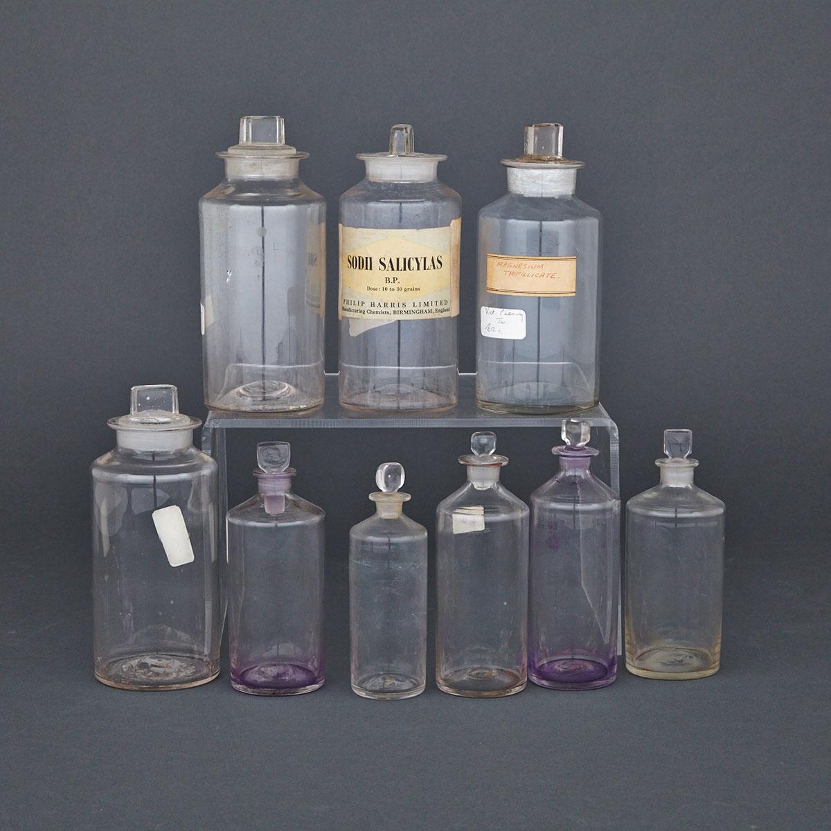 Nine Pharmaceutical Glass Stopper Bottles, 19th/early 20th century